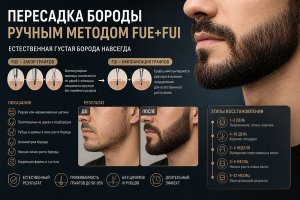 Пересадка бороды ручным методом FUE+FUI: что важно знать о процедуре, показаниях, этапах и результате